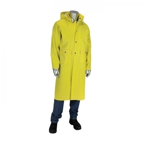 PIP 201-650C/2X, RAIN COAT 48 INCH .65MM RIBBED PVC /POLYESTER, DETACHABLE HOOD, YELLOW