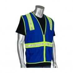PIP 300-1000-BL/2X, NON-ANSI SOLID/MESH SAFETY VEST, SPLIT TRIM, ZIPPER, POCKETS, BLUE