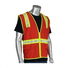 PIP 300-1000-RD/2X, NON-ANSI SOLID/MESH SAFETY VEST, SPLIT TRIM, ZIPPER, POCKETS, RED