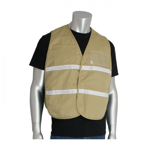 PIP 300-2506/4X-5X, NON-ANSI IC VEST, TAN, POLY/COTTON, H&L CLOSURE, 1IN. WHITE GLOSS TAPE