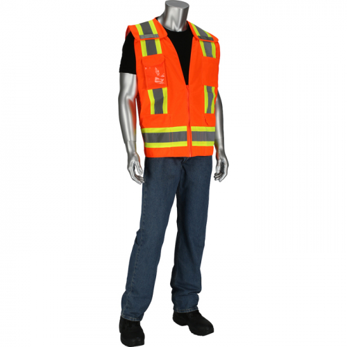 PIP 302-0505-OR/3X, CLASS 2 SOLID/MESH VEST, ZIPPER, 8 POCKETS, MIC TAB, TWO TONE TAPE