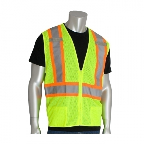 PIP 302-0600D-LY/3X, CLASS 2 MESH VEST, 'D'RING, ZIPPER, 2 POCKETS, TWO TONE TAPE, LY