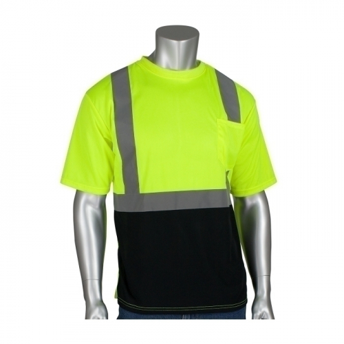 PIP 312-1250B-LY/4X, CLASS 2 SHORT SLEEVE T-SHIRT, BLACK BOTTOM, UV BLOCK, LY & OR