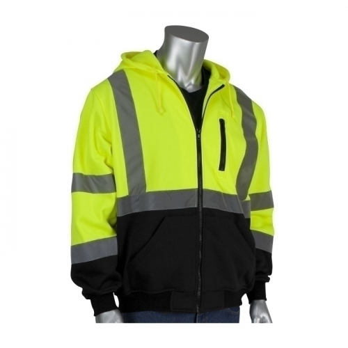 PIP 323-1370B-LY/2X, CLASS 3 ZIP FRONT HOODIE, BLACK BOTTOM, WATER REPELLENT, LY