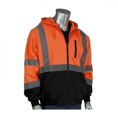 PIP 323-1370B-OR/5X, CLASS 3 ZIP FRONT HOODIE, BLACK BOTTOM, WATER REPELLENT, OR