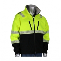PIP 333-1550-LY/2X, ANSI 107 RIP STOP SOFTSHELL JACKET FLEECE LINING WWB, HOOD, ZIPPER LY