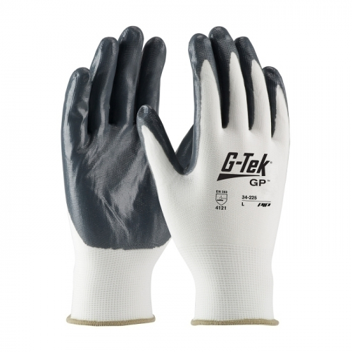 PIP 34-225/M, G-TEK GP, WHITE 13G NYLON SHELL, GRAY NITRILE COATED SMOOTH GRIP