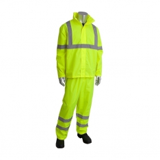 PIP 353-1000LY-2X/3X, CLASS 3 RAINSUIT, 2 PIECE, PU CTD, ZIPPER, HOOD, PANT, 2IN. TAPE, LY