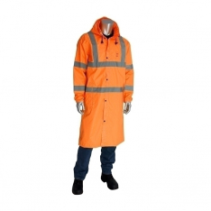 PIP 353-1048-OR/2X, CLASS 3 RAIN COAT 48IN., PU CTD, ZIPPER, HOOD, 2IN. TAPE, OR