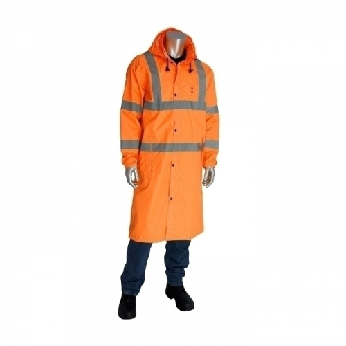 PIP 353-1048-OR/S, CLASS 3 RAIN COAT 48IN., PU CTD, ZIPPER, HOOD, 2IN. TAPE, OR