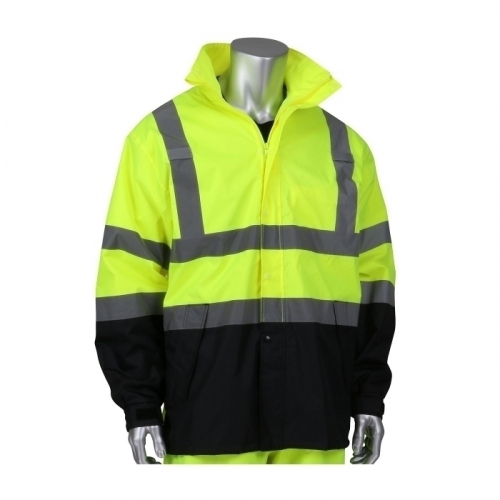 PIP 353-1200LY-2X/3X, R3 RIPSTOP BLACK BOTTOM RAIN JACKET 3 POCKETS,ADJ.HOOD,MIC TABS, ZIPPER