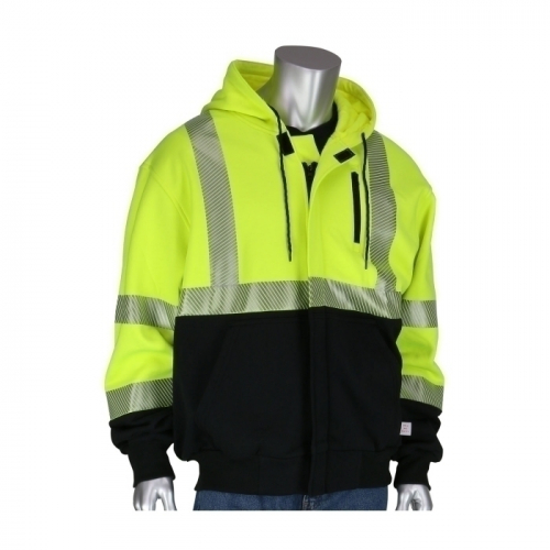 PIP 385-1370FR-LY/2X, ARC RATED HI-VIS ANSI 107 BLACK BOTTOM SWEATSHIRT, HOODED WITH ZIP