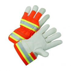 PIP HVO5000/L, COWHIDE LEATHER PALM, HI-VIS ORANGE FABRIC BACK & SAFETY CUFF W/ REFLECT BAND