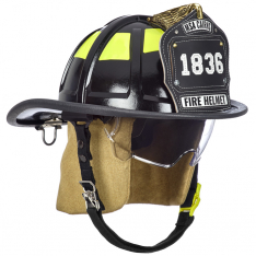 MSA 10247316, Cairns 1836 Black Fire Helmet, with deluxe leather liner, clear Defender Visor, PBI ea