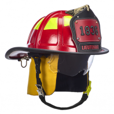 MSA 10247335, Cairns 1836 Red Fire Helmet, with standard liner, clear Defender Visor, Yellow Nomex E