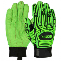 PIP 120-MP2100-L, Boss®, Green Corded Cotton Palm and Spandex Back – TPR Impact Protection, Hi Pe