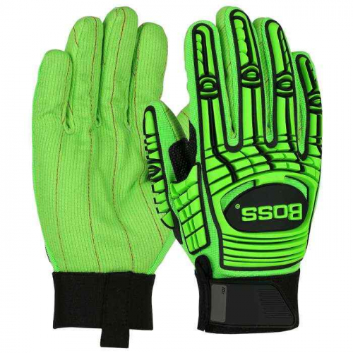 PIP 120-MP2100-M, Boss®, Green Corded Cotton Palm and Spandex Back – TPR Impact Protection, Hi Pe