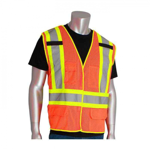 PIP 302-0212-OR-L, PIP®, ANSI Type R Class 2 Two-Tone Five Pocket Breakaway Mesh Vest, Hi-Vis Appar