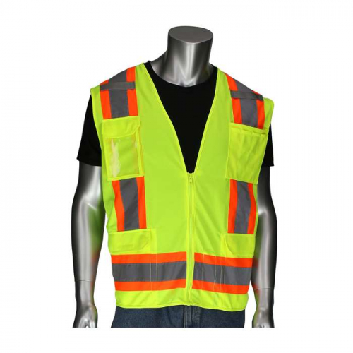 PIP 302-0500D-LY-XL, PIP®, ANSI Type R Class 2 Two-Tone Eleven Pocket Surveyors Vest with Solid Fro
