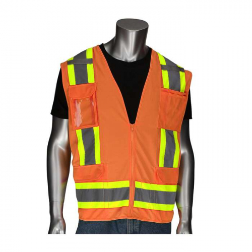 PIP 302-0500D-OR-5X, PIP®, ANSI Type R Class 2 Two-Tone Eleven Pocket Surveyors Vest with Solid Fro