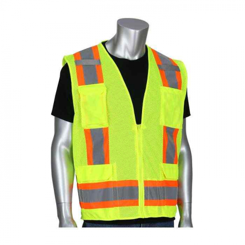 PIP 302-0500M-LY-5X, PIP®, ANSI Type R Class 2 Two-Tone Eleven Pocket Mesh Surveyors Vest, Hi-Vis A