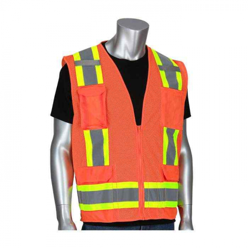 PIP 302-0500M-OR-XL, PIP®, ANSI Type R Class 2 Two-Tone Eleven Pocket Mesh Surveyors Vest, Hi-Vis A