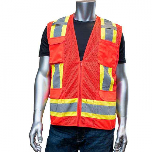 PIP 302-0500M-RD-S, PIP®, ANSI Type R Class 2 Two-Tone Eleven Pocket Mesh Surveyors Vest, Hi-Vis Ap