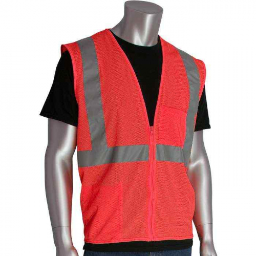 PIP 302-0702Z-RD-S, PIP®, ANSI Type R Class 2 Two Pocket Zipper Mesh Vest, Hi-Vis Apparel, Hi-Vis R