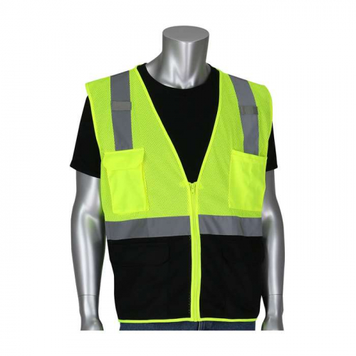 PIP 302-0710B-LY-3X, PIP®, ANSI Type R Class 2 Five Pocket Value Mesh Vest with Black Bottom Front,