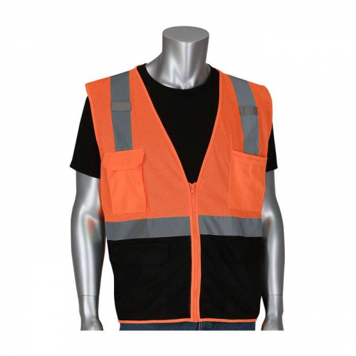 PIP 302-0710B-OR-S, PIP®, ANSI Type R Class 2 Five Pocket Value Mesh Vest with Black Bottom Front, 