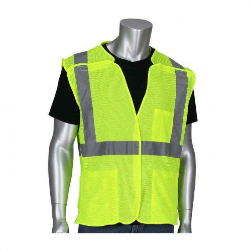 PIP 302-5PMVLY-3X, PIP®, ANSI Type R Class 2 Three Pocket Mesh Breakaway Vest, Hi-Vis Apparel, Hi-V