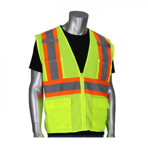 PIP 302-MVZT-LY-5X, PIP®, ANSI Type R Class 2 Two-Tone Six Pocket Mesh Vest, Hi-Vis Apparel, Hi-Vis