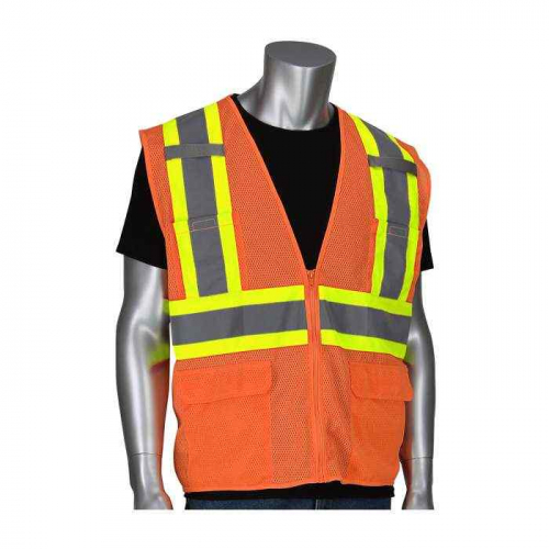 PIP 302-MVZT-OR-L, PIP®, ANSI Type R Class 2 Two-Tone Six Pocket Mesh Vest, Hi-Vis Apparel, Hi-Vis 