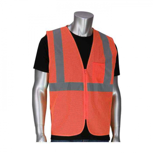 PIP 302-V100OR-2X-3X, PIP®, ANSI Type R Class 2 Dual Sized Value Zipper Mesh Vest, Hi-Vis Apparel, 