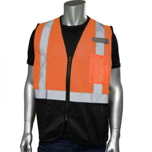 PIP 302-V173BOR-S-M, PIP®, ANSI Type R Class 2 Three Pocket Mesh Vest with Black Bottom Front, Hi-V