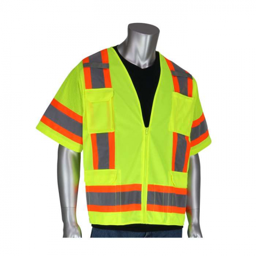 PIP 303-0500-LY-3X, PIP®, ANSI Type R Class 3 Two-Tone Surveyor Eleven Pocket Vest, Hi-Vis Apparel,