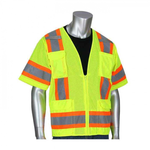 PIP 303-0500M-LY-L, PIP®, ANSI Type R Class 3 Two-Tone Eleven Pocket Mesh Surveyors Vest, Hi-Vis Ap
