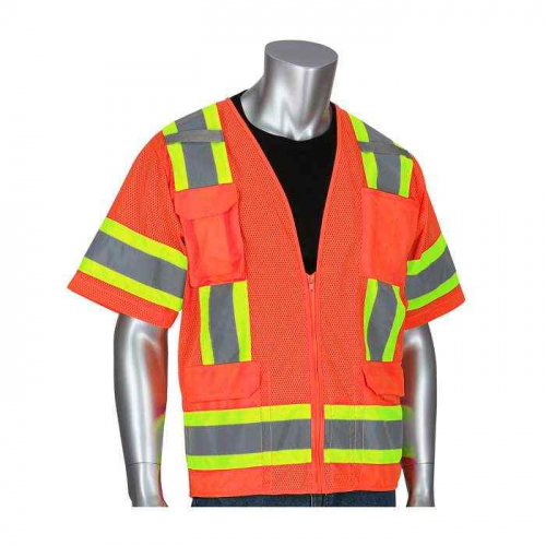 PIP 303-0500M-OR-7X, PIP®, ANSI Type R Class 3 Two-Tone Eleven Pocket Mesh Surveyors Vest, Hi-Vis A