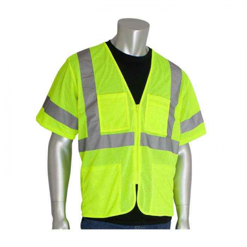 PIP 303-MVGZ4P-LY-L, PIP®, ANSI Type R Class 3 Value Four Pocket Zipper Mesh Vest, Hi-Vis Apparel, 