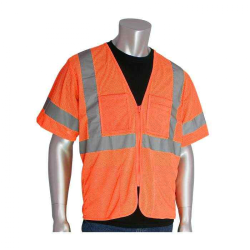 PIP 303-MVGZ4P-OR-M, PIP®, ANSI Type R Class 3 Value Four Pocket Zipper Mesh Vest, Hi-Vis Apparel, 