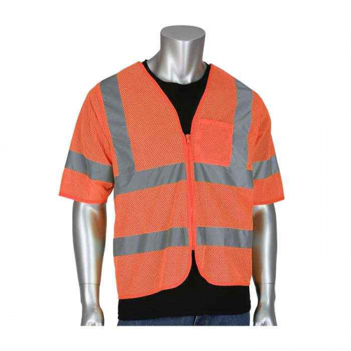 PIP 303-V100OR-4X-5X, PIP®, ANSI Type R Class 3 Dual Sized Value Zipper Mesh Vest, Hi-Vis Apparel, 