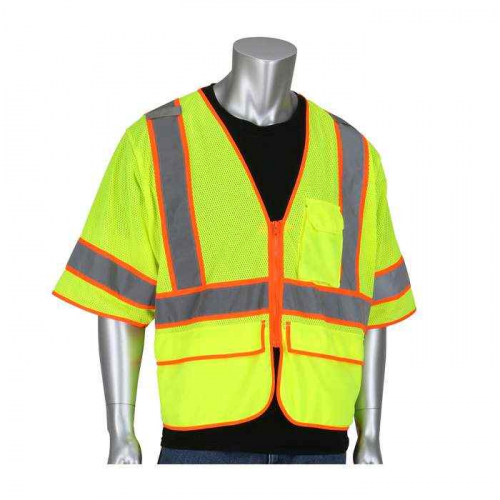 PIP 305-SVZSE-LY-4X, PIP®, ANSI Type R Class 3 Self Extinguishing Two-Tone Mesh Surveyors Vest, Hi-