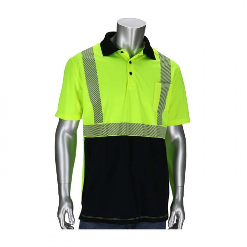 PIP 312-1500B-LY-M, PIP®, ANSI Type R Class 2 Polo Shirt with Black Bottom Front, Hi-Vis Apparel, H