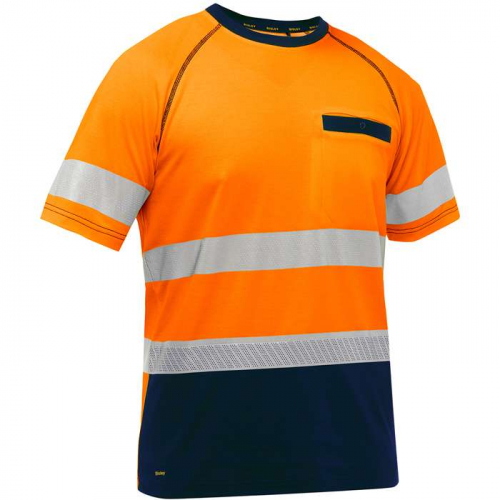 PIP 312M1118T-ON-L, Bisley®, ANSI Type R Class 2 Short Sleeve T-Shirt with Navy Bottom, Hi-Vis Appa