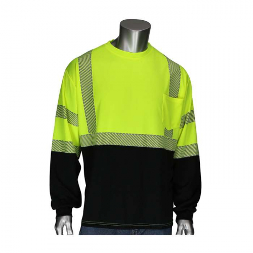 PIP 313-1280B-LY-5X, PIP®, ANSI Type R Class 3 Long Sleeve T-Shirt with Black Bottom Front, Hi-Vis 