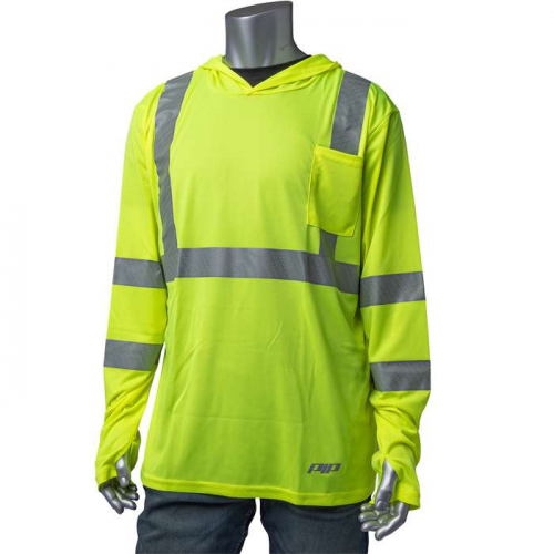 PIP 313-1323-LY-L, PIP®, ANSI Type R Class 3 Quick Dry Hooded Long Sleeve T-Shirt, Hi-Vis Apparel, 