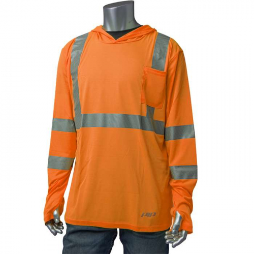 PIP 313-1323-OR-S, PIP®, ANSI Type R Class 3 Quick Dry Hooded Long Sleeve T-Shirt, Hi-Vis Apparel, 