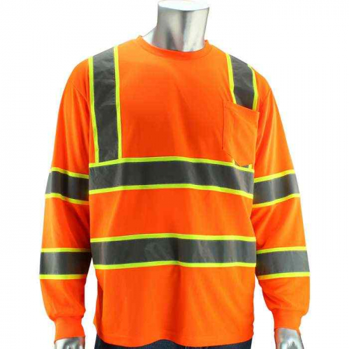 PIP 313-1345-OR-L, PIP®, ANSI Type R Class 3 Two-Tone Long Sleeve T-Shirt, Hi-Vis Apparel, Hi-Vis O