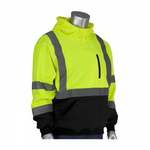 PIP 323-1350B-LY-5X, PIP®, ANSI Type R Class 3 Hooded Pullover Sweatshirt with Black Bottom, Hi-Vis