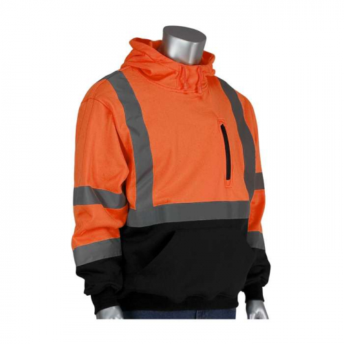 PIP 323-1350B-OR-M, PIP®, ANSI Type R Class 3 Hooded Pullover Sweatshirt with Black Bottom, Hi-Vis 